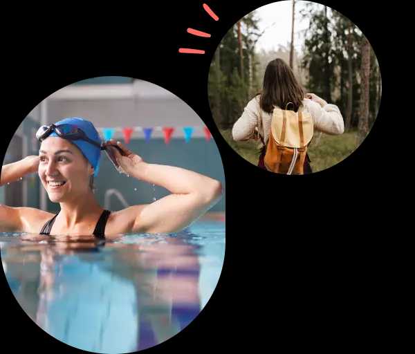 To bilder. En dame som svømmer og en dame på tur.