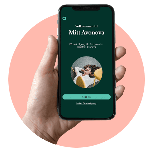 Illustrasjon som viser ulike skjermbilder av appen "Mitt Avonova"