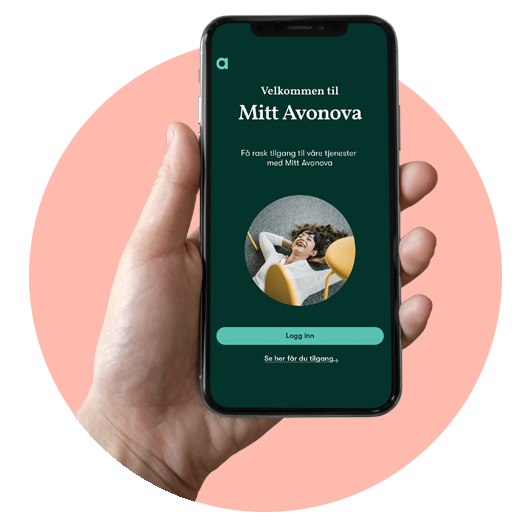 Illustrasjon som viser ulike skjermbilder av appen "Mitt Avonova"