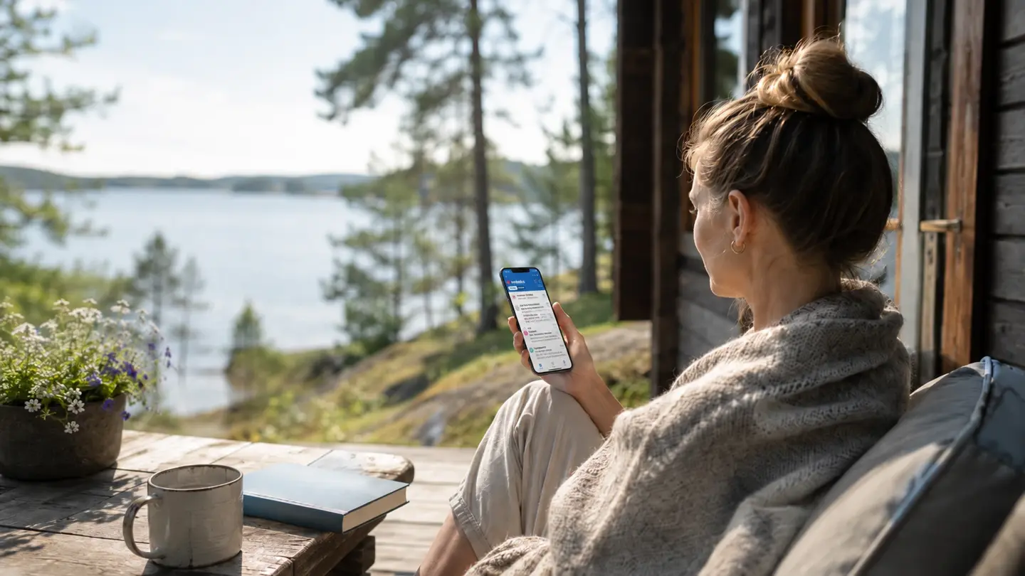 Dame som sjekker e-post i ferien fra hytta.