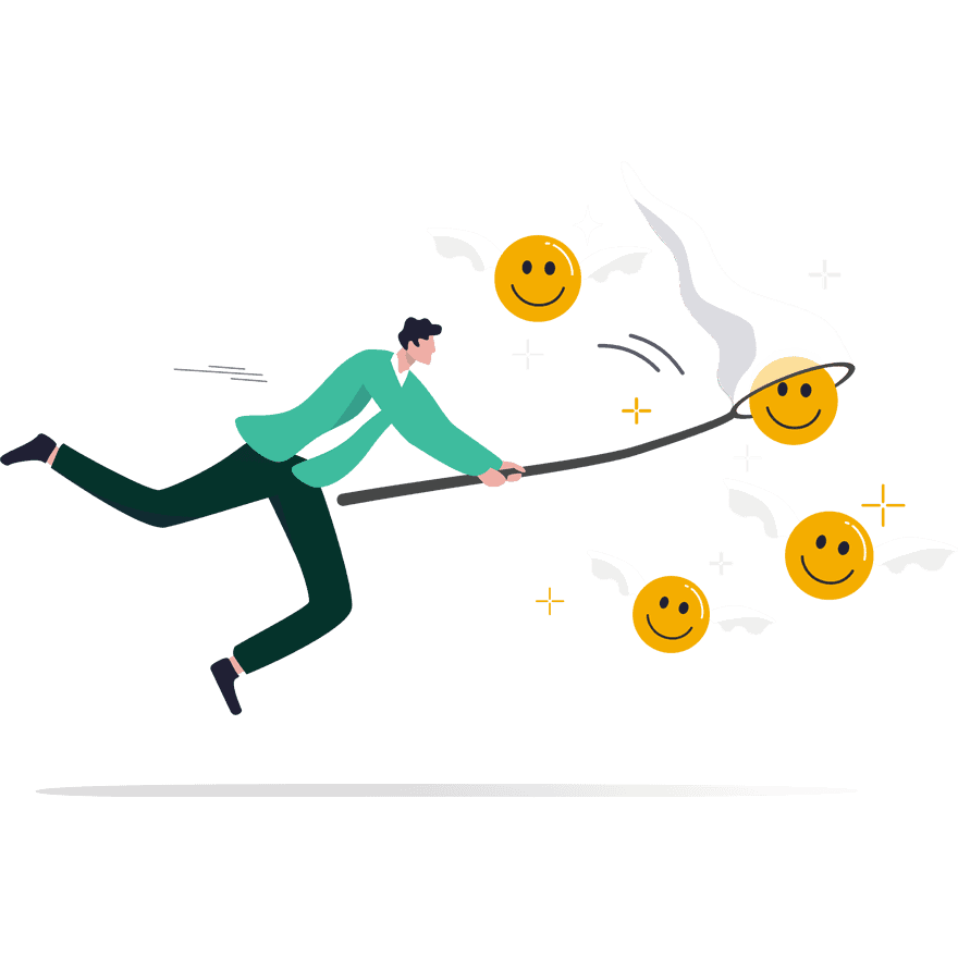 Illustrasjon av mann som fanger glade sommerfugler.